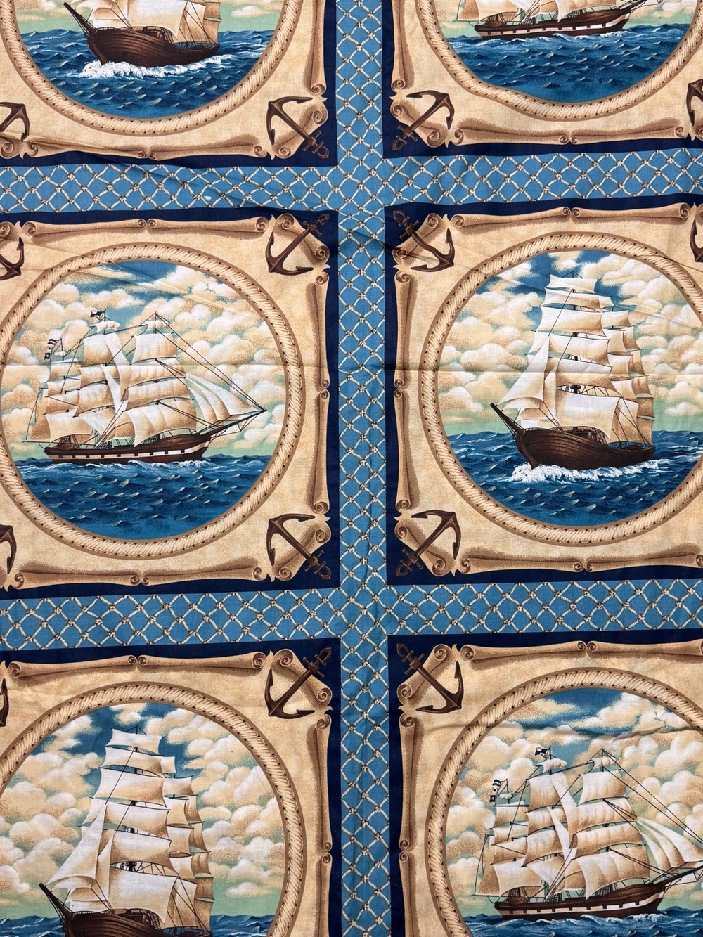Vintage Cranston print works 100% cotton fabric piece marine ships sea theme